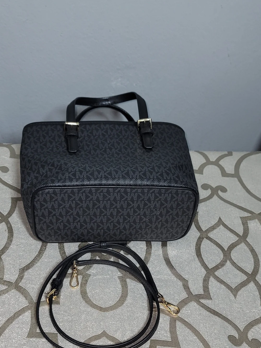 Michael Kors Black MK Logo Tote with Gold Accent Charm - Picture 5 of 7